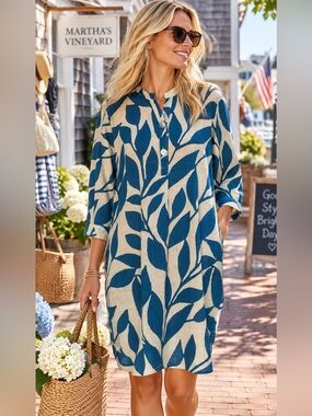 Dolma NWT Tunic Dress S Blue Leaf Print Cotton Coastal Resort Boho Beach